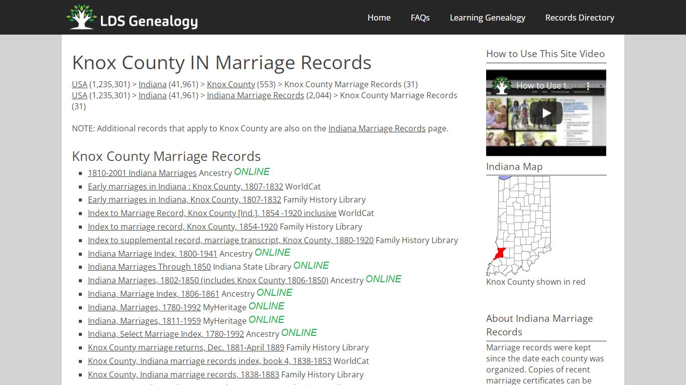 Knox County IN Marriage Records - LDS Genealogy