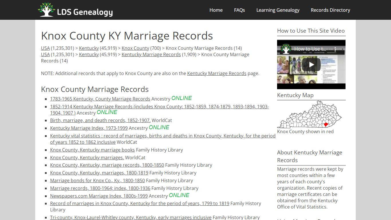 Knox County KY Marriage Records - LDS Genealogy